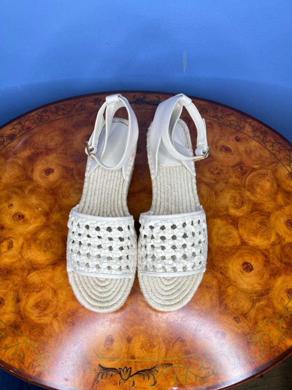Tory Burch White Woven Espadrille Sandals with Ankle Strap